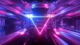 3d render, abstract futuristic geometric background, glowing triangular shape, neon light, tunnel, corridor, space station interior, geometric structure, cyber safety, virtual reality, ultraviolet