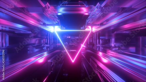 3d render, abstract futuristic geometric background, glowing triangular shape, neon light, tunnel, corridor, space station interior, geometric structure, cyber safety, virtual reality, ultraviolet