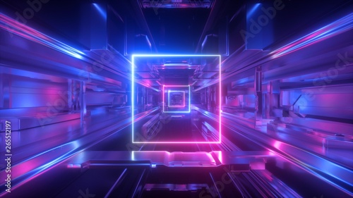 Fototapeta Naklejka Na Ścianę i Meble -  3d render, abstract futuristic geometric background, glowing square shape, neon light, tunnel, corridor, space station interior, geometric structure, cyber safety, virtual reality, ultraviolet