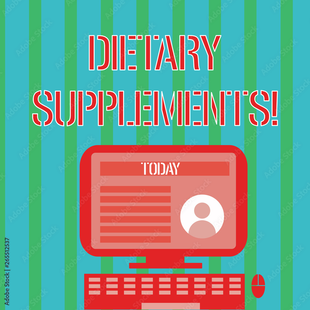 Handwriting text Dietary Supplements. Conceptual photo Product taken orally intended to supplement ones diet Desktop Computer Mounted on Stand with Online Profile Data on Monitor Screen Handwriting text Dietary Supplements. Conceptual photo Product taken orally intended to supplement ones diet Desktop Computer Mounted on Stand with Online Profile Data on Monitor Screen