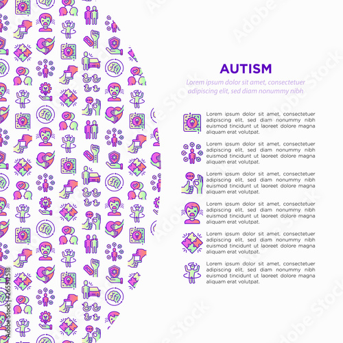 Autism concept, symptoms and adaptive skills thin line icons: repetitive behavior, stereotypy, ignoring of danger, autoaggression, hysterics, communication, social interaction. Vector illustration.