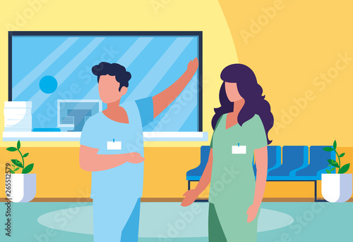 couple medicine workers in clinic reception