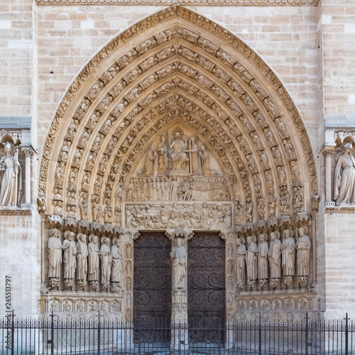 Paris, Notre-Dame cathedral in the ile de la Cite, the main door on the western facade