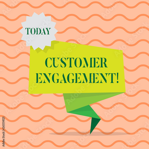 Word writing text Customer Engagement. Business photo showcasing the emotional connection between a customer and a brand Blank Space Green Two Tone Folded Back Banner Strip with Seal Stamp Sticker