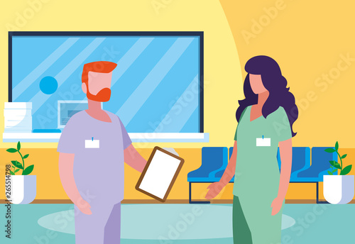 couple medicine workers in clinic reception