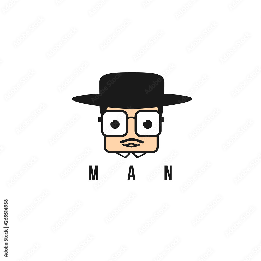 Illustration of the face of a man wearing glasses, and wearing a hat.
