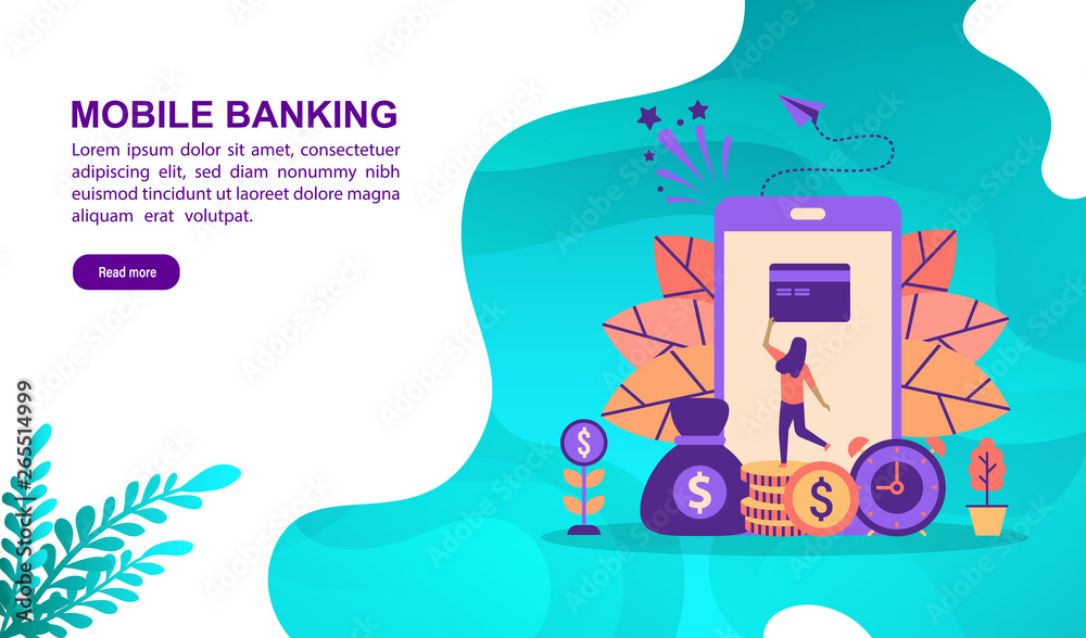 Mobile banking illustration concept with character. Template for, banner, presentation, social media, poster, advertising, promotion Mobile banking illustration concept with character. Template for, banner, presentation, social media, poster, advertising, promotion