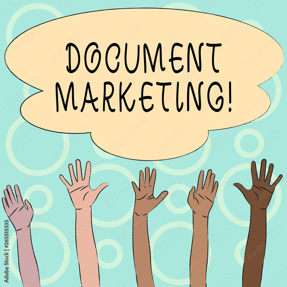 Conceptual hand writing showing Document Marketing. Concept meaning written strategy for selling the products of a business Multiracial Hands Raising Up Reaching for Colorful Big Cloud