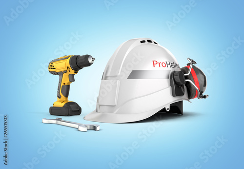 Illustration of construction and repair equipment Protective helmet and screwdriver with a wrench isolated on blue gradient background 3d render
