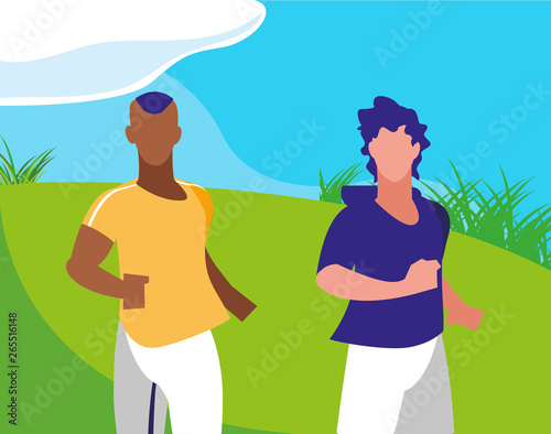 athletic interracial men running in the camp