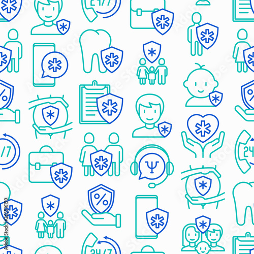 Medical insurance seamless pattern with thin line icons: policy, life insurance, psychological support, maternity program, 24/7 support, mobile app, telemedicine. Modern vector illustration.