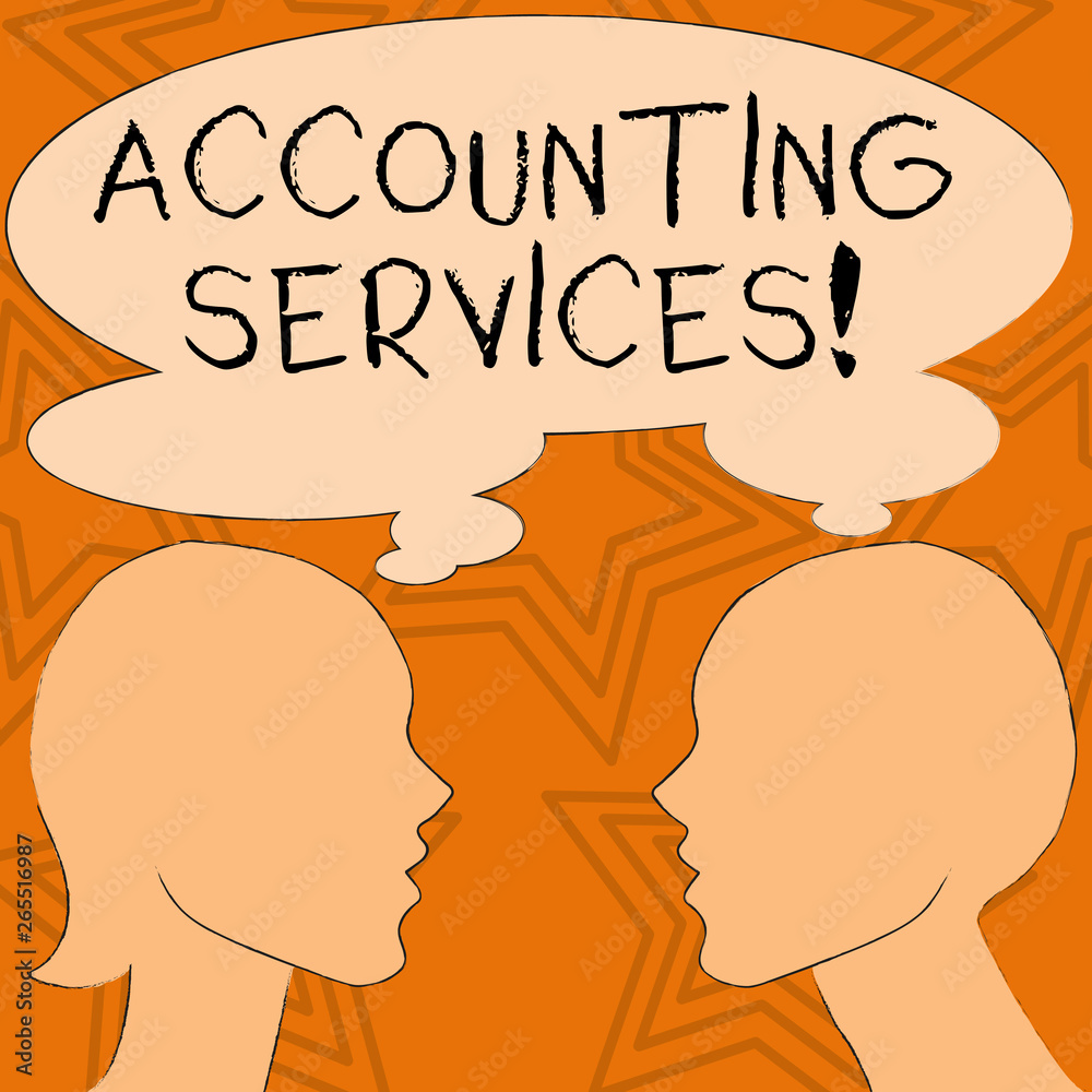 Writing note showing Accounting Services. Business concept for analyze financial transactions of a business or a demonstrating Silhouette Sideview Profile of Man and Woman Thought Bubble