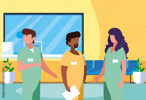 interracial group medicine workers in clinic reception
