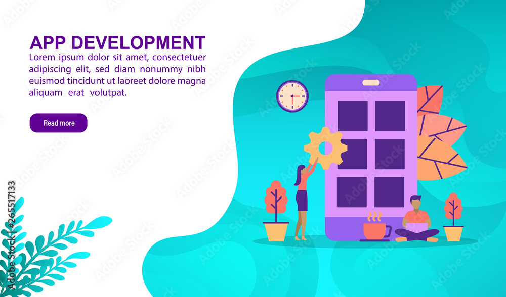 Naklejka premium App development illustration concept with character. Template for, banner, presentation, social media, poster, advertising, promotion