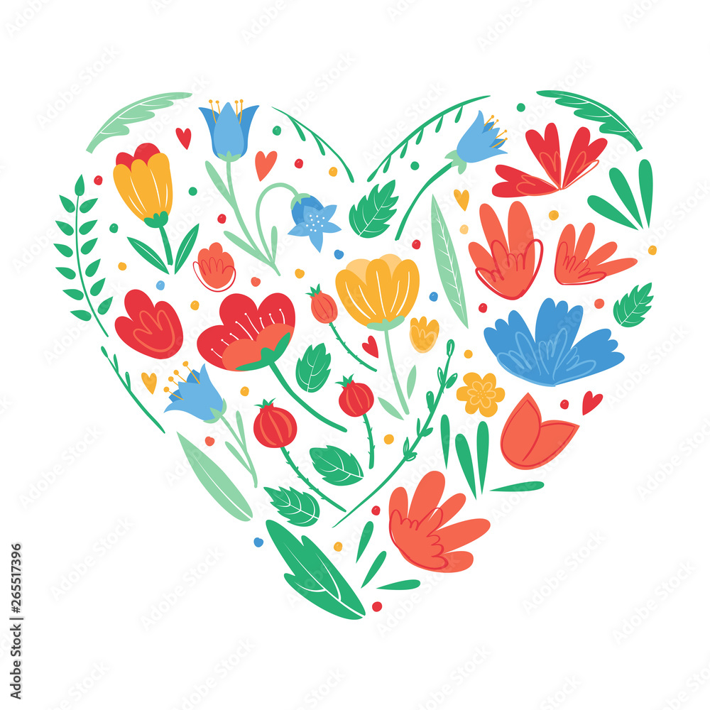 Heart shape of flowers for greeting card. To celebrate mother's day, Valentine's day. Romantic postcard. Vector illustration isolated on white background