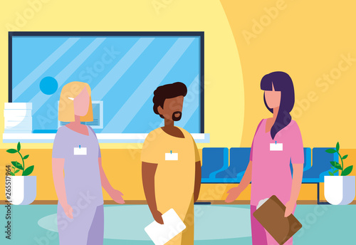 interracial group medicine workers in clinic reception