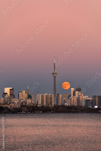 Photography Red supermoon rising over downtown Toronto on November 13 2016 with pink sky and