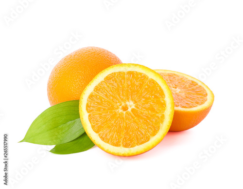 Ripe oranges with leaves isolated on white background. Citrus food