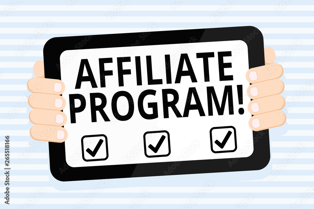 Writing note showing Affiliate Program. Business concept for automated electronic program that involve a web advertiser Color Tablet Smartphone with Screen Handheld Back of Gadget Writing note showing Affiliate Program. Business concept for automated electronic program that involve a web advertiser Color Tablet Smartphone with Screen Handheld Back of Gadget