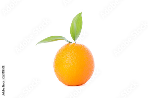 Ripe orange fruit with leaves isolated on white background, healthy food
