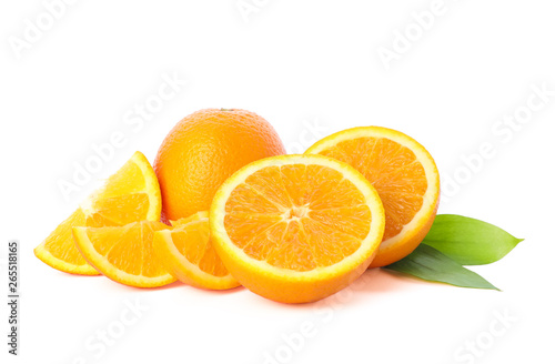 Ripe oranges with leaves isolated on white background. Citrus food