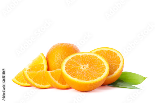 Ripe oranges with leaves isolated on white background. Citrus food