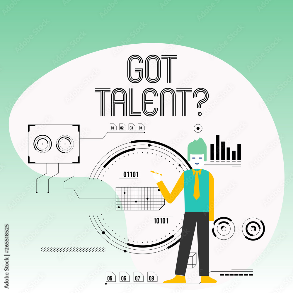Obraz premium Text sign showing Got Talentquestion. Business photo text asking if got natural ability to be good at something Man Standing Holding Pen Pointing to Chart Diagram with SEO Process Icons