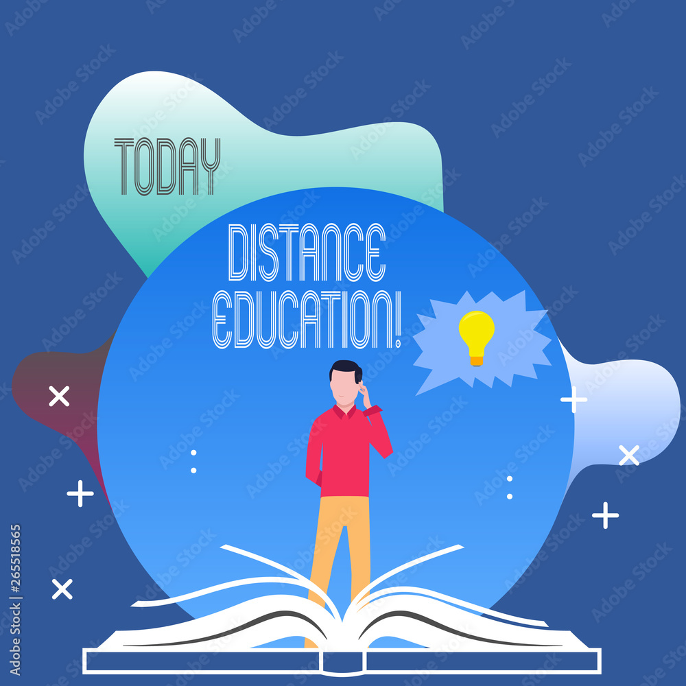 Conceptual hand writing showing Distance Education. Concept meaning learning remotely without being present at school Man Standing Behind Open Book Jagged Speech Bubble with Bulb Conceptual hand writing showing Distance Education. Concept meaning learning remotely without being present at school Man Standing Behind Open Book Jagged Speech Bubble with Bulb