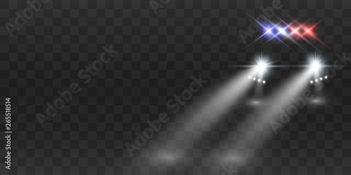 Realistic white glow round beams of car headlights, isolated on transparent background. Police car. Light from headlights. Police patrol. 