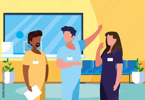 interracial group medicine workers in clinic reception