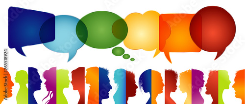Large group of people isolated profile colored silhouette. Speech bubble. Crowd talking. Communicate in social media. Social media Networking