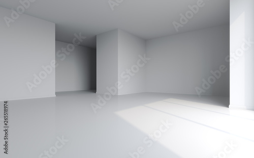 Empty white room with big window and sun light. 3D illustration. 