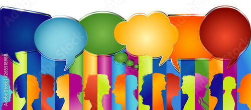 Speech bubble. Large group of people isolated profile colored silhouette. Crowd talking. Communicate in social media. Social media Networking