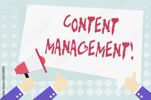 Conceptual hand writing showing Content Management. Concept meaning programs used to create and analysisage digital content Hand Holding Megaphone and Gesturing Thumbs Up Text Balloon