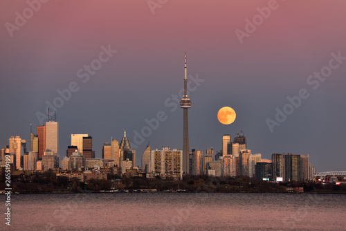 Photography Red supermoon rising over Toronto skyline with pink and blue sky November 13 201