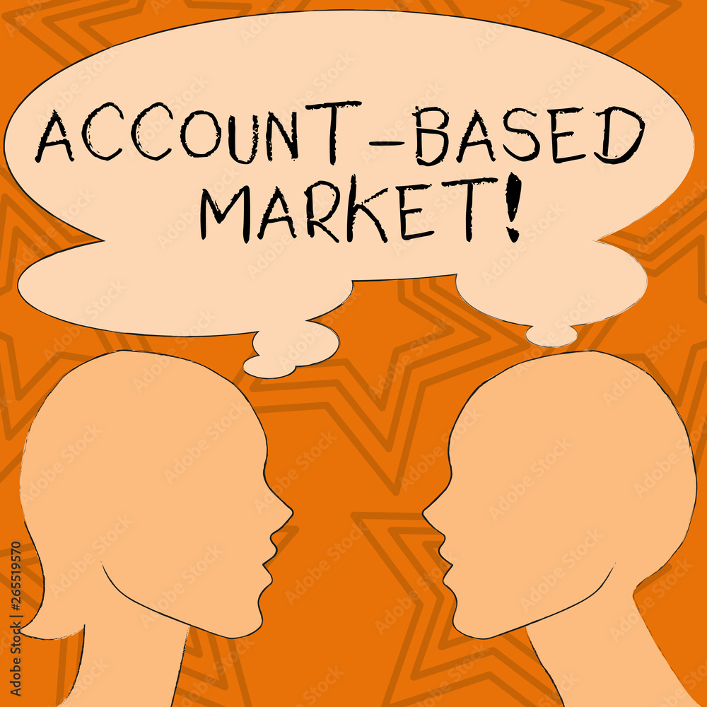 Writing note showing Account Based Market. Business concept for resources target a key group of specific accounts Silhouette Sideview Profile of Man and Woman Thought Bubble