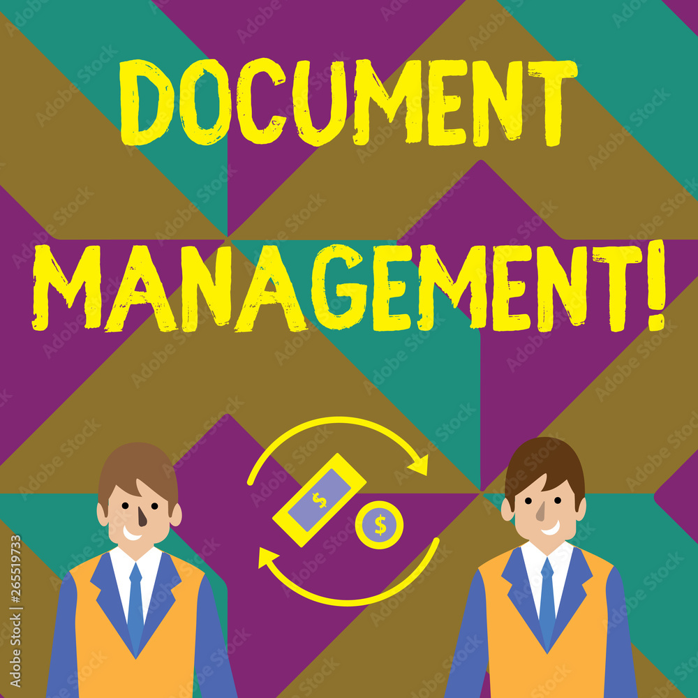 Text sign showing Document Management. Business photo showcasing Computerized analysisagement of electronic documents Money in Dollar Currency Sign Inside Rotating Arrows Between Two Businessmen Text sign showing Document Management. Business photo showcasing Computerized analysisagement of electronic documents Money in Dollar Currency Sign Inside Rotating Arrows Between Two Businessmen
