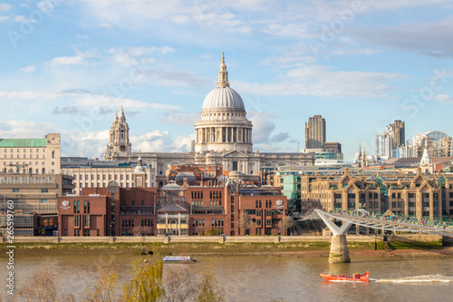 Millennium Bridge and Saint Paul's Cathedral. Panoramic cityscape view of London.