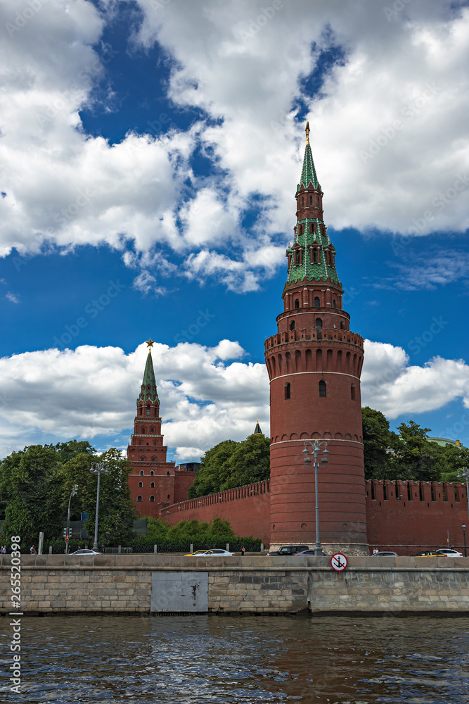 Kremlin wall with a tower in Moscow