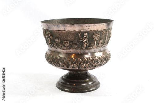 Vintage Antique Silver Metal Oriental Bowl on White Background