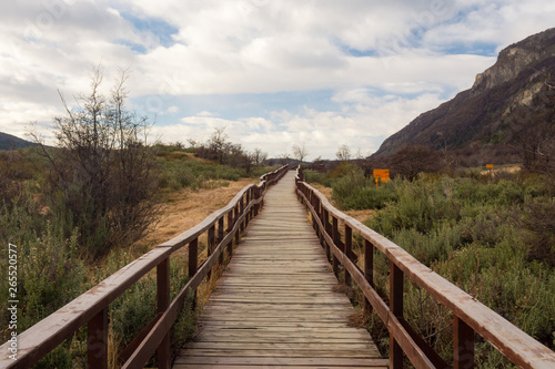 Fototapeta Naklejka Na Ścianę i Meble -  Wooden walkway in Lapataia bay, Tierra del Fuego national park, in a winter cloudy day, surrounded by nature and mountains in autumn colors