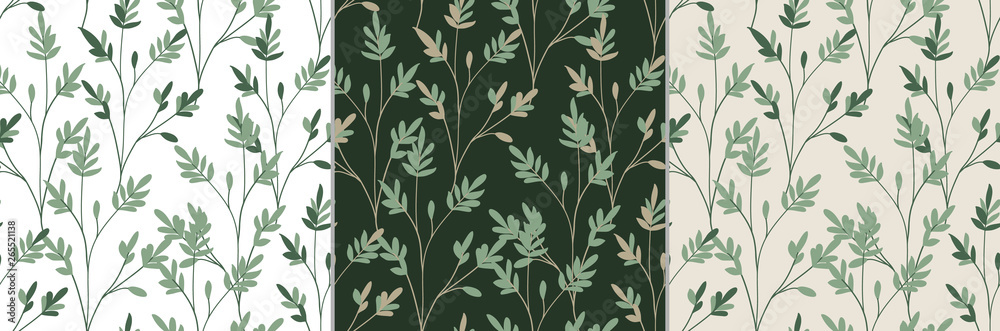 Vector set of seamless patterns with wild herbs. Branches and leaves. Vector set of seamless patterns with wild herbs. Branches and leaves.