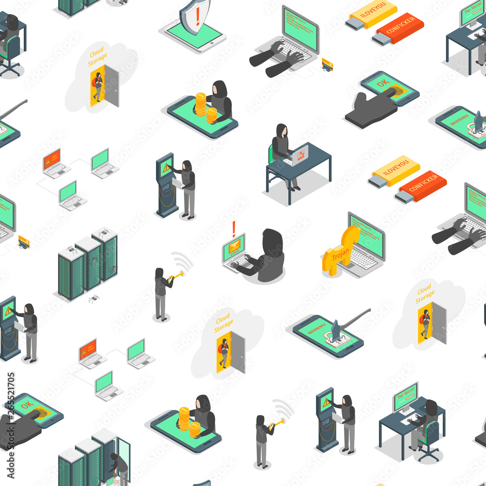 Hacker Signs 3d Seamless Pattern Background Isometric View. Vector Hacker Signs 3d Seamless Pattern Background Isometric View. Vector