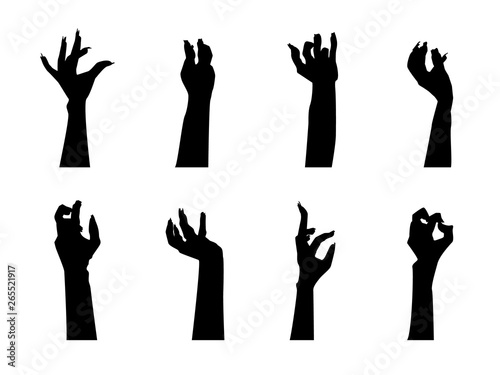 Cartoon Silhouette Black Zombie Hand Icons Set. Vector