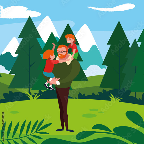 father with son and daughter characters in the field