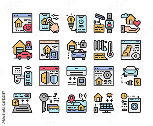 Smart home color line icons set. Internet of things technology of home automation system. Sign for web page, mobile app. Vector clipart, template, illustration.