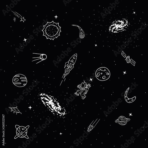 Planets, satellites, astronauts, comets. Space. Hand drawing. Vector illustration.