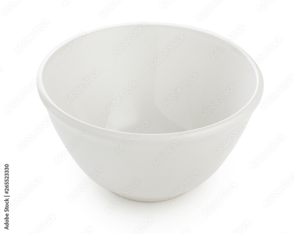 White ceramic bowl, porcelain dish isolated on white background, close up. White ceramic bowl, porcelain dish isolated on white background, close up.