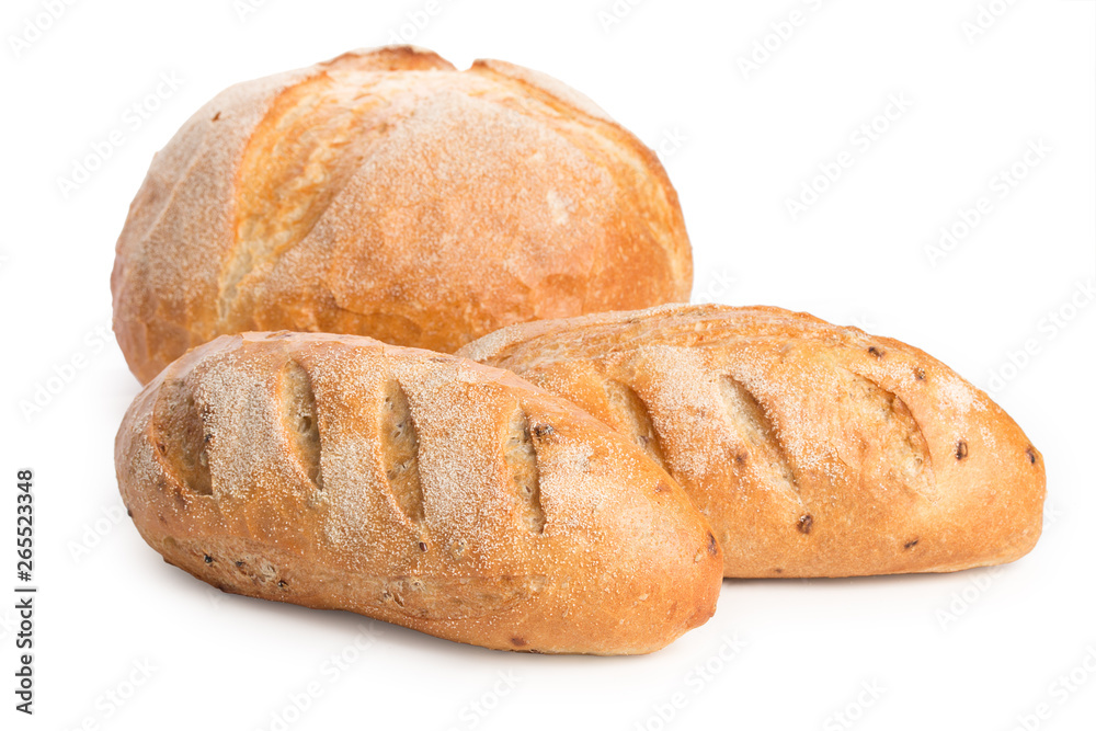 Pair of loaves and a big of bread isolated on white background, close up.