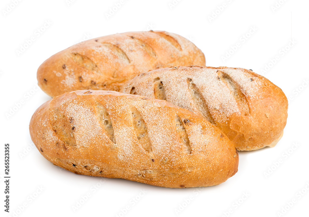 Set of three loaves, bread isolated on white background, close up. Set of three loaves, bread isolated on white background, close up.
